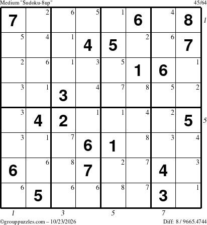 The grouppuzzles.com Medium Sudoku-8up puzzle for Friday October 23, 2026 with all 8 steps marked
