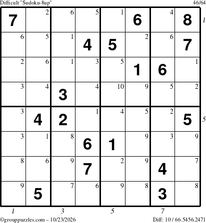 The grouppuzzles.com Difficult Sudoku-8up puzzle for Friday October 23, 2026, suitable for printing, with all 10 steps marked