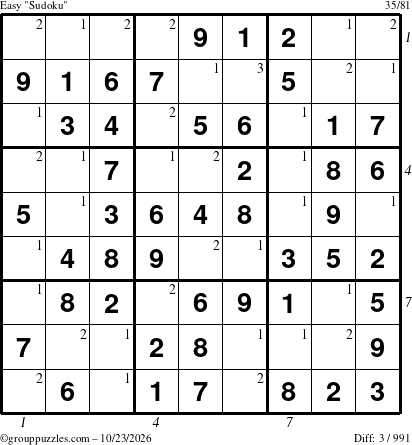 The grouppuzzles.com Easy Sudoku puzzle for Friday October 23, 2026 with all 3 steps marked