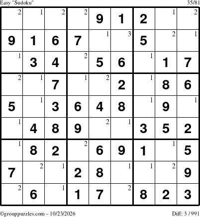 The grouppuzzles.com Easy Sudoku puzzle for Friday October 23, 2026 with the first 3 steps marked