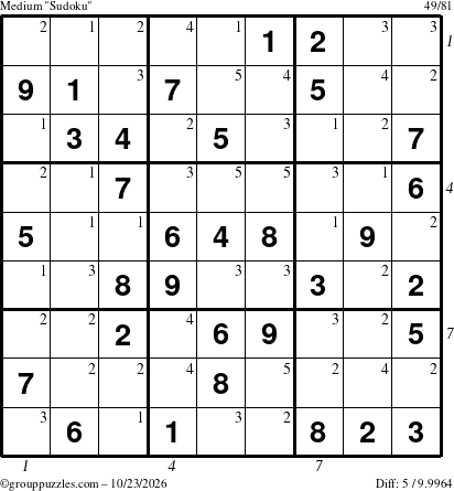 The grouppuzzles.com Medium Sudoku puzzle for Friday October 23, 2026 with all 5 steps marked
