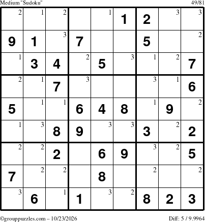 The grouppuzzles.com Medium Sudoku puzzle for Friday October 23, 2026 with the first 3 steps marked