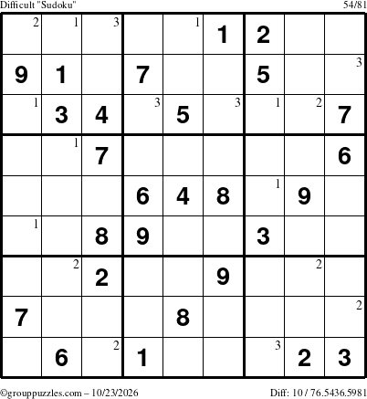 The grouppuzzles.com Difficult Sudoku puzzle for Friday October 23, 2026 with the first 3 steps marked