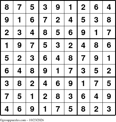The grouppuzzles.com Answer grid for the Sudoku puzzle for Friday October 23, 2026