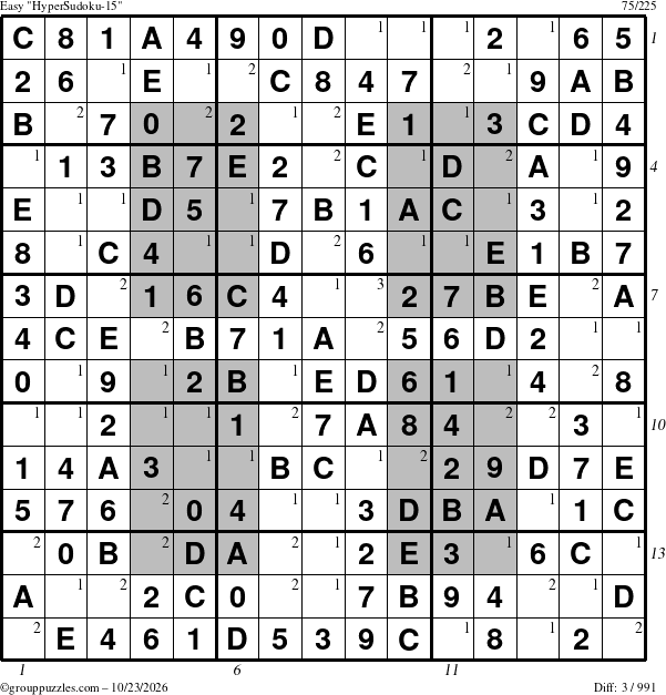 The grouppuzzles.com Easy HyperSudoku-15 puzzle for Friday October 23, 2026, suitable for printing, with all 3 steps marked