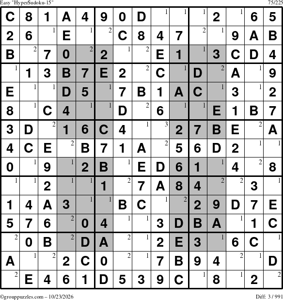 The grouppuzzles.com Easy HyperSudoku-15 puzzle for Friday October 23, 2026 with the first 3 steps marked
