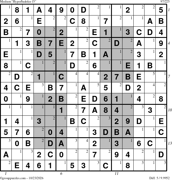 The grouppuzzles.com Medium HyperSudoku-15 puzzle for Friday October 23, 2026, suitable for printing, with all 5 steps marked