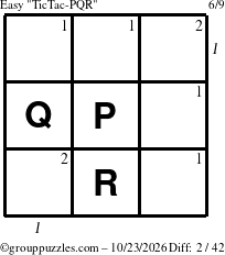 The grouppuzzles.com Easy TicTac-PQR puzzle for Friday October 23, 2026, suitable for printing, with all 2 steps marked