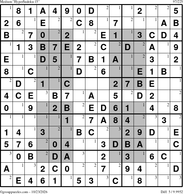 The grouppuzzles.com Medium HyperSudoku-15 puzzle for Friday October 23, 2026 with the first 3 steps marked