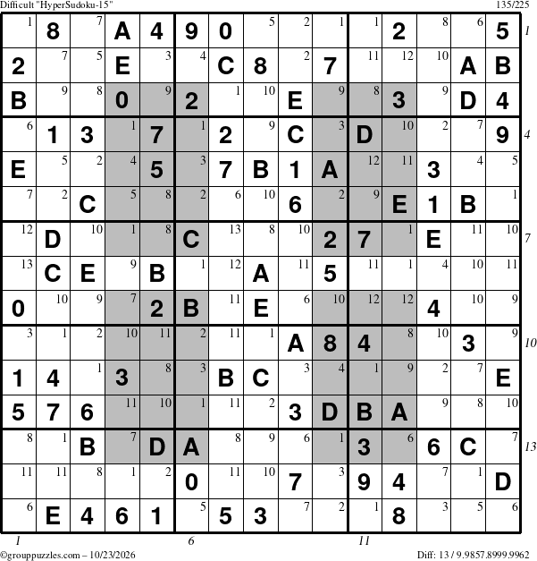 The grouppuzzles.com Difficult HyperSudoku-15 puzzle for Friday October 23, 2026, suitable for printing, with all 13 steps marked