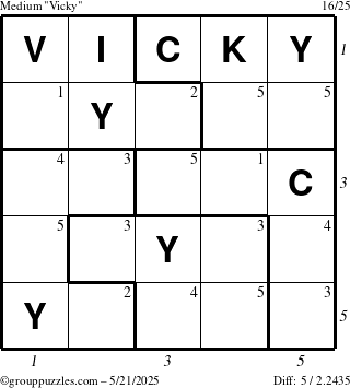 The grouppuzzles.com Medium Vicky puzzle for Wednesday May 21, 2025 with all 5 steps marked