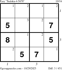 The grouppuzzles.com Easy Sudoku-4-5678 puzzle for Wednesday October 29, 2025, suitable for printing, with all 3 steps marked