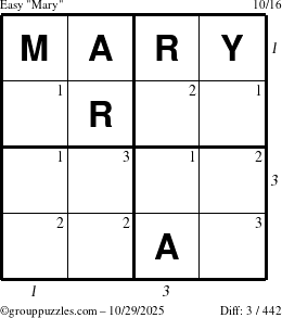 The grouppuzzles.com Easy Mary puzzle for Wednesday October 29, 2025, suitable for printing, with all 3 steps marked