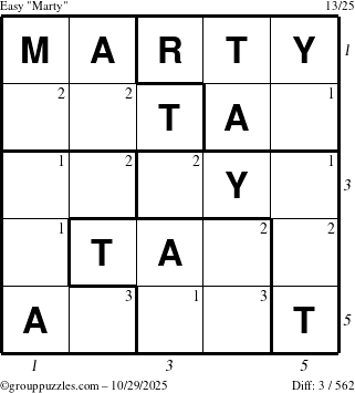 The grouppuzzles.com Easy Marty puzzle for Wednesday October 29, 2025 with all 3 steps marked