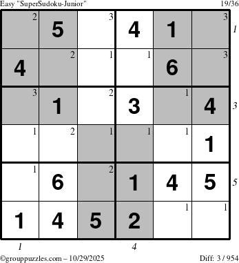 The grouppuzzles.com Easy SuperSudoku-Junior puzzle for Wednesday October 29, 2025, suitable for printing, with all 3 steps marked