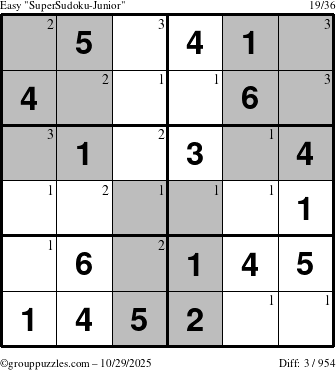 The grouppuzzles.com Easy SuperSudoku-Junior puzzle for Wednesday October 29, 2025 with the first 3 steps marked