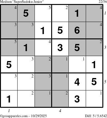 The grouppuzzles.com Medium SuperSudoku-Junior puzzle for Wednesday October 29, 2025 with all 5 steps marked