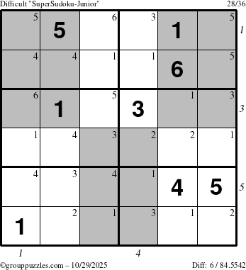 The grouppuzzles.com Difficult SuperSudoku-Junior puzzle for Wednesday October 29, 2025, suitable for printing, with all 6 steps marked