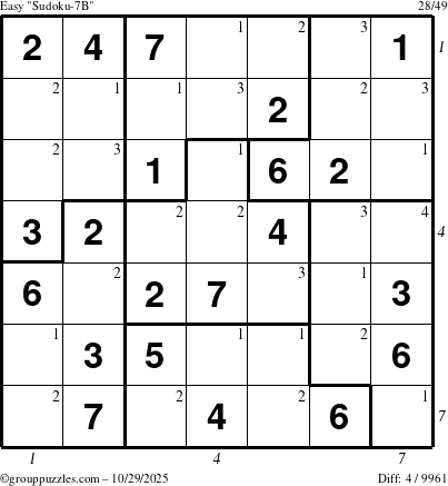The grouppuzzles.com Easy Sudoku-7B puzzle for Wednesday October 29, 2025 with all 4 steps marked