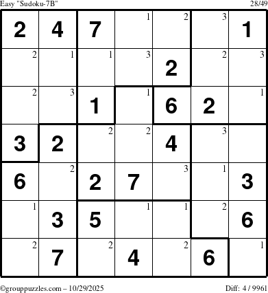 The grouppuzzles.com Easy Sudoku-7B puzzle for Wednesday October 29, 2025 with the first 3 steps marked