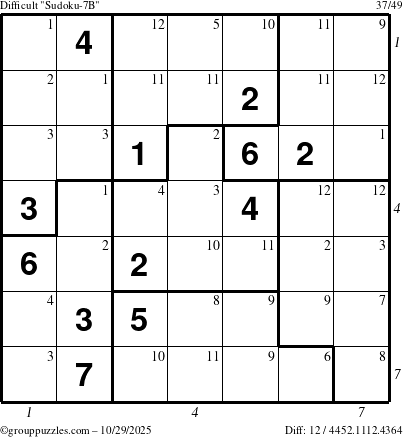 The grouppuzzles.com Difficult Sudoku-7B puzzle for Wednesday October 29, 2025, suitable for printing, with all 12 steps marked