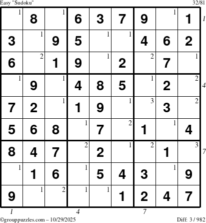 The grouppuzzles.com Easy Sudoku puzzle for Wednesday October 29, 2025, suitable for printing, with all 3 steps marked
