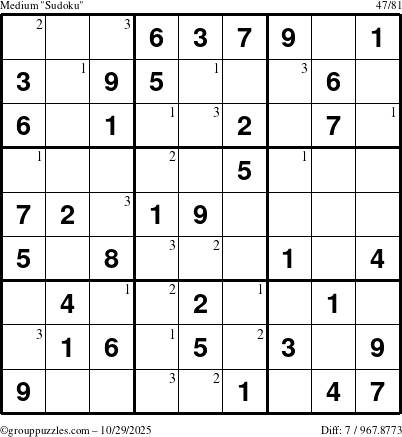 The grouppuzzles.com Medium Sudoku puzzle for Wednesday October 29, 2025 with the first 3 steps marked