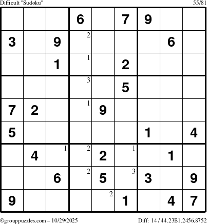 The grouppuzzles.com Difficult Sudoku puzzle for Wednesday October 29, 2025 with the first 3 steps marked