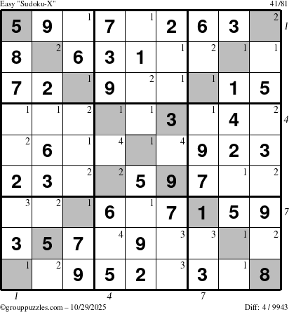 The grouppuzzles.com Easy Sudoku-X puzzle for Wednesday October 29, 2025, suitable for printing, with all 4 steps marked