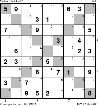 The grouppuzzles.com Medium Sudoku-X puzzle for Wednesday October 29, 2025, suitable for printing, with all 8 steps marked