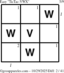 The grouppuzzles.com Easy TicTac-VWX puzzle for Wednesday October 29, 2025, suitable for printing, with all 2 steps marked