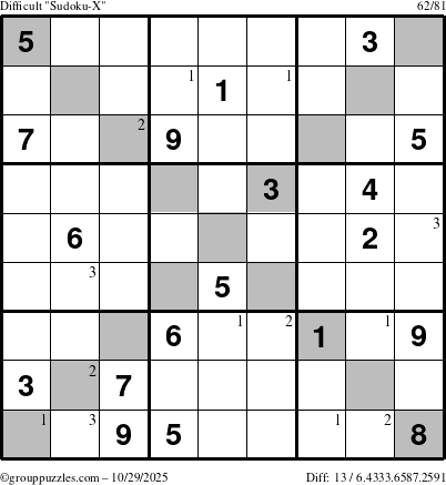The grouppuzzles.com Difficult Sudoku-X puzzle for Wednesday October 29, 2025 with the first 3 steps marked