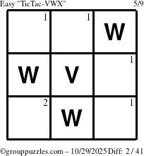 The grouppuzzles.com Easy TicTac-VWX puzzle for Wednesday October 29, 2025 with the first 2 steps marked