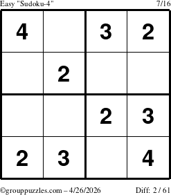 The grouppuzzles.com Easy Sudoku-4 puzzle for Sunday April 26, 2026