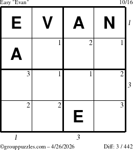 The grouppuzzles.com Easy Evan puzzle for Sunday April 26, 2026 with all 3 steps marked