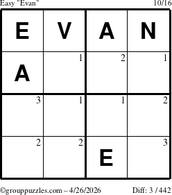 The grouppuzzles.com Easy Evan puzzle for Sunday April 26, 2026 with the first 3 steps marked