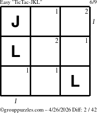 The grouppuzzles.com Easy TicTac-JKL puzzle for Sunday April 26, 2026 with all 2 steps marked