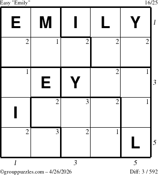 The grouppuzzles.com Easy Emily puzzle for Sunday April 26, 2026 with all 3 steps marked