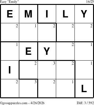 The grouppuzzles.com Easy Emily puzzle for Sunday April 26, 2026 with the first 3 steps marked