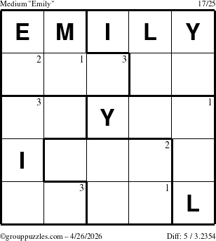 The grouppuzzles.com Medium Emily puzzle for Sunday April 26, 2026 with the first 3 steps marked