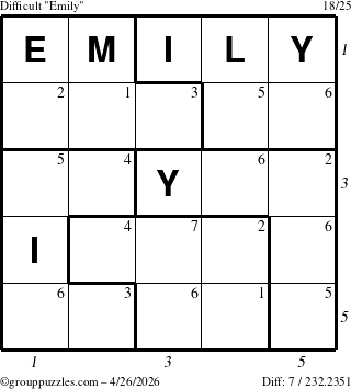 The grouppuzzles.com Difficult Emily puzzle for Sunday April 26, 2026 with all 7 steps marked