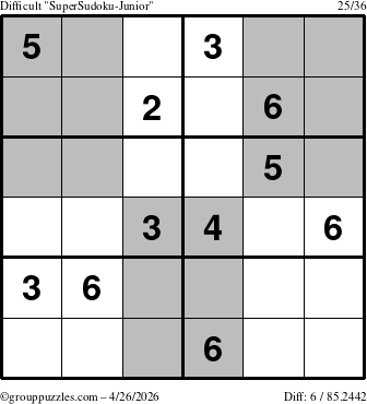 The grouppuzzles.com Difficult SuperSudoku-Junior puzzle for Sunday April 26, 2026