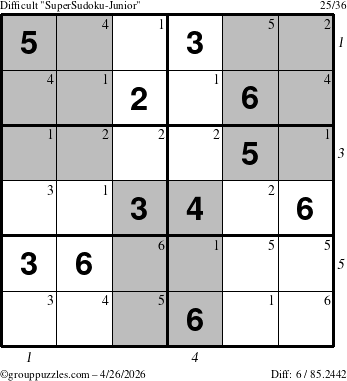 The grouppuzzles.com Difficult SuperSudoku-Junior puzzle for Sunday April 26, 2026, suitable for printing, with all 6 steps marked