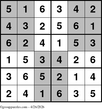 The grouppuzzles.com Answer grid for the SuperSudoku-Junior puzzle for Sunday April 26, 2026