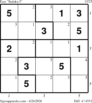The grouppuzzles.com Easy Sudoku-5 puzzle for Sunday April 26, 2026, suitable for printing, with all 4 steps marked