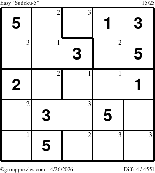 The grouppuzzles.com Easy Sudoku-5 puzzle for Sunday April 26, 2026 with the first 3 steps marked