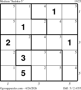 The grouppuzzles.com Medium Sudoku-5 puzzle for Sunday April 26, 2026 with all 5 steps marked
