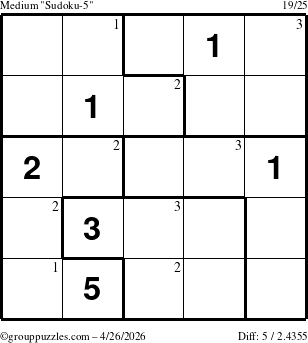 The grouppuzzles.com Medium Sudoku-5 puzzle for Sunday April 26, 2026 with the first 3 steps marked