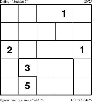 The grouppuzzles.com Difficult Sudoku-5 puzzle for Sunday April 26, 2026