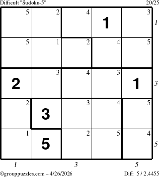 The grouppuzzles.com Difficult Sudoku-5 puzzle for Sunday April 26, 2026 with all 5 steps marked